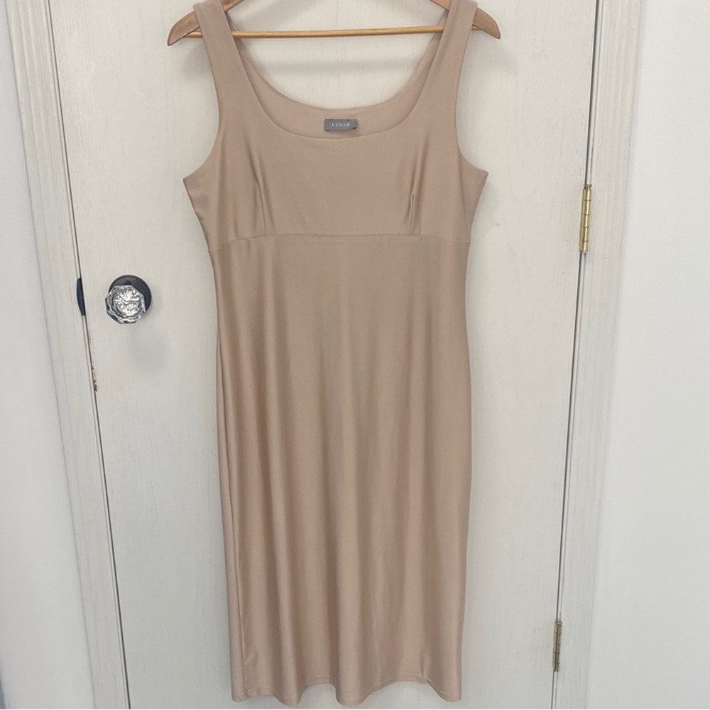 Kenar Tan Sheath Midi Dress Scoop Neck